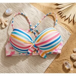 Hot Water Colorful Push Up Bikini Top - Size L - NWT - Striped Strappy Back